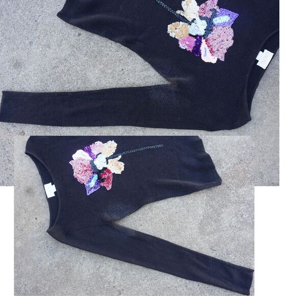 Vintage Cache Black Sequin Flower Sweater Women’s Large Ramie Cotton 90s Y2K - Picture 6 of 10